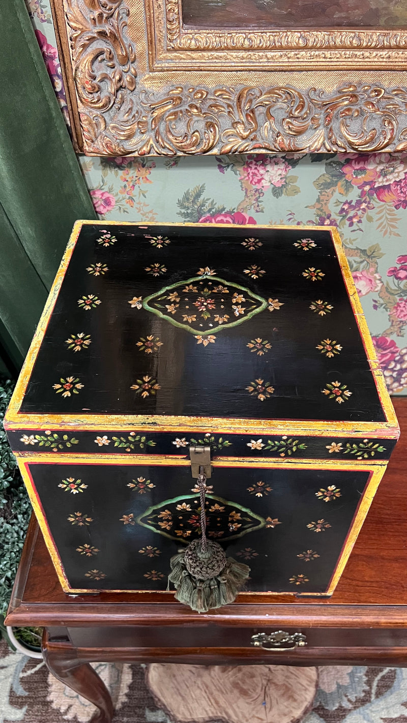 1950s Mughal Style Folk Art Lacquer Hand Painted Decorative Storage Trunk