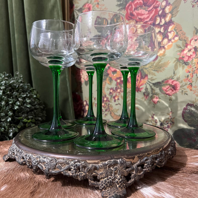 French Emerald Green Stem Wine Glasses Set of 6