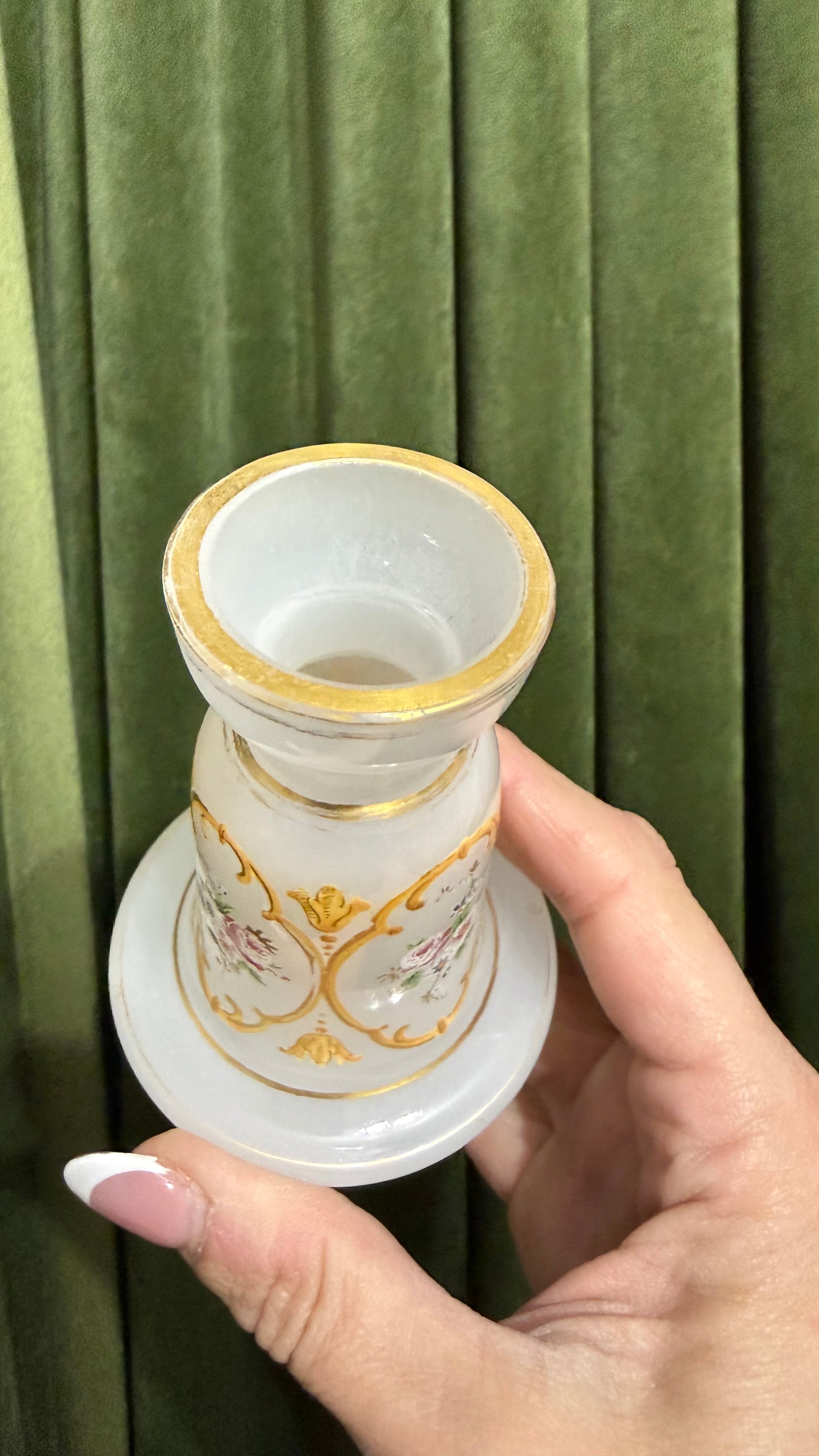 Pair of Bohemian Czech Hand Painted Opaline Bud Vases