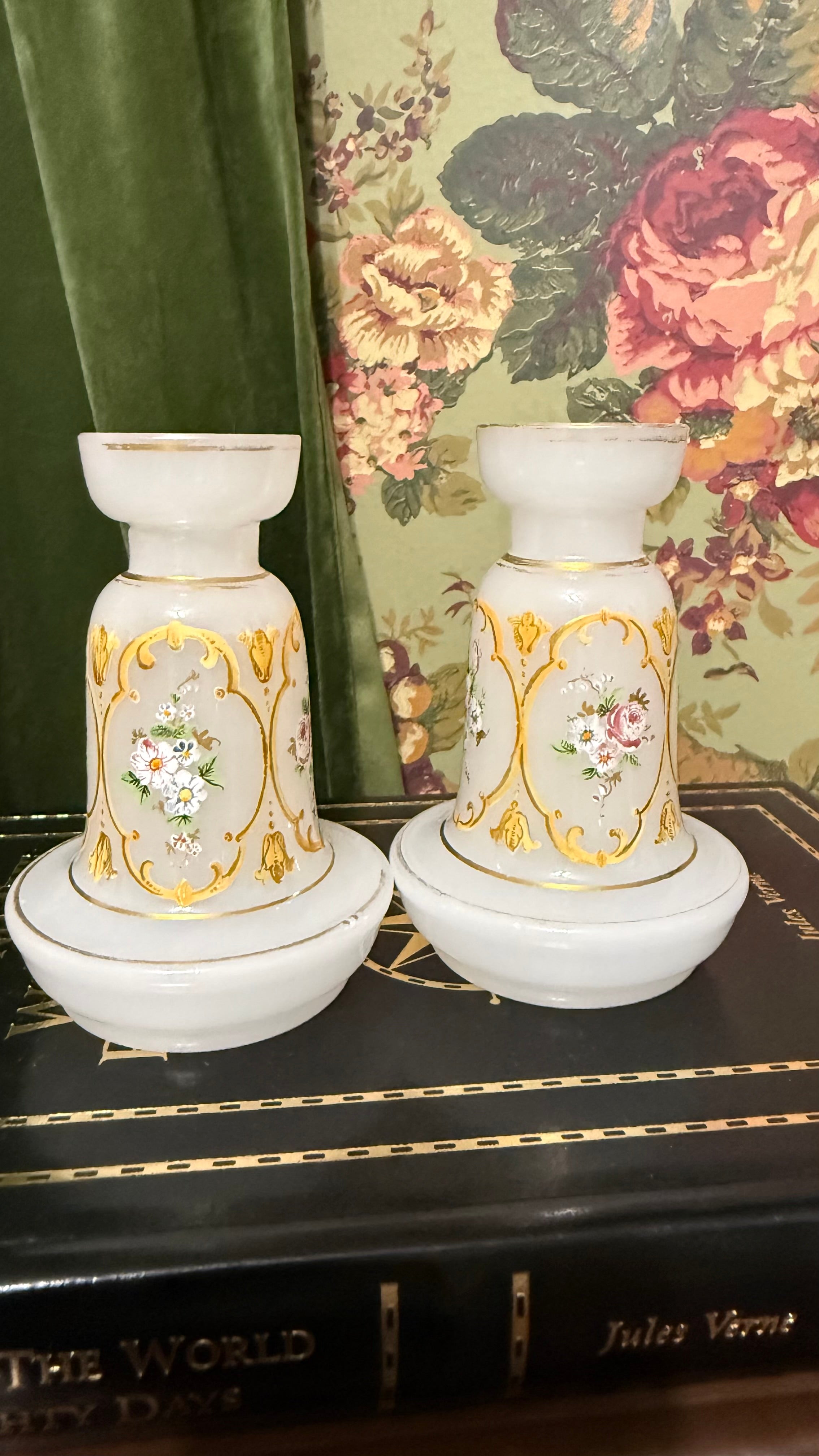 Pair of Bohemian Czech Hand Painted Opaline Bud Vases