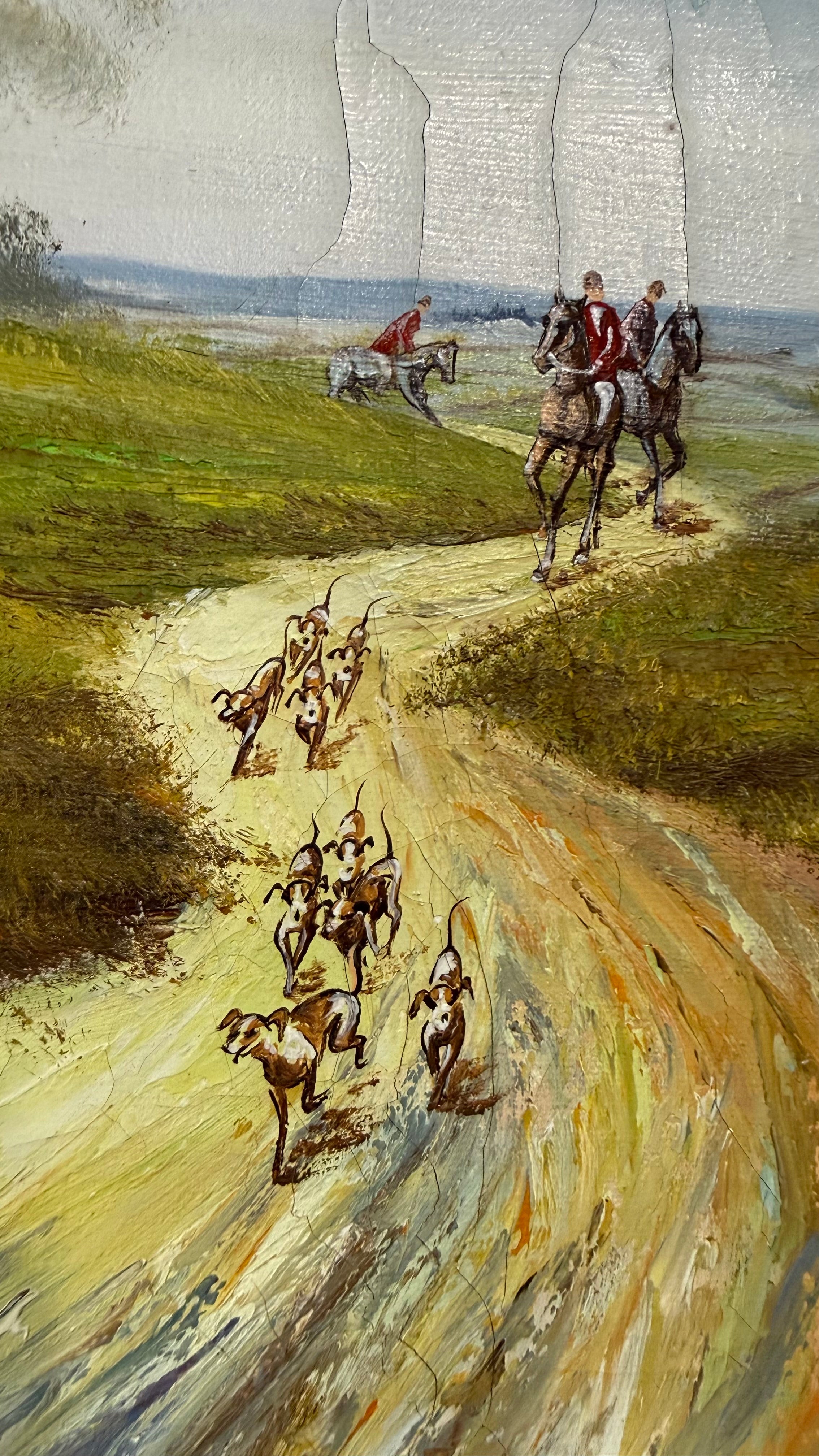 Vintage Original oil on canvas English fox hunting scene signed