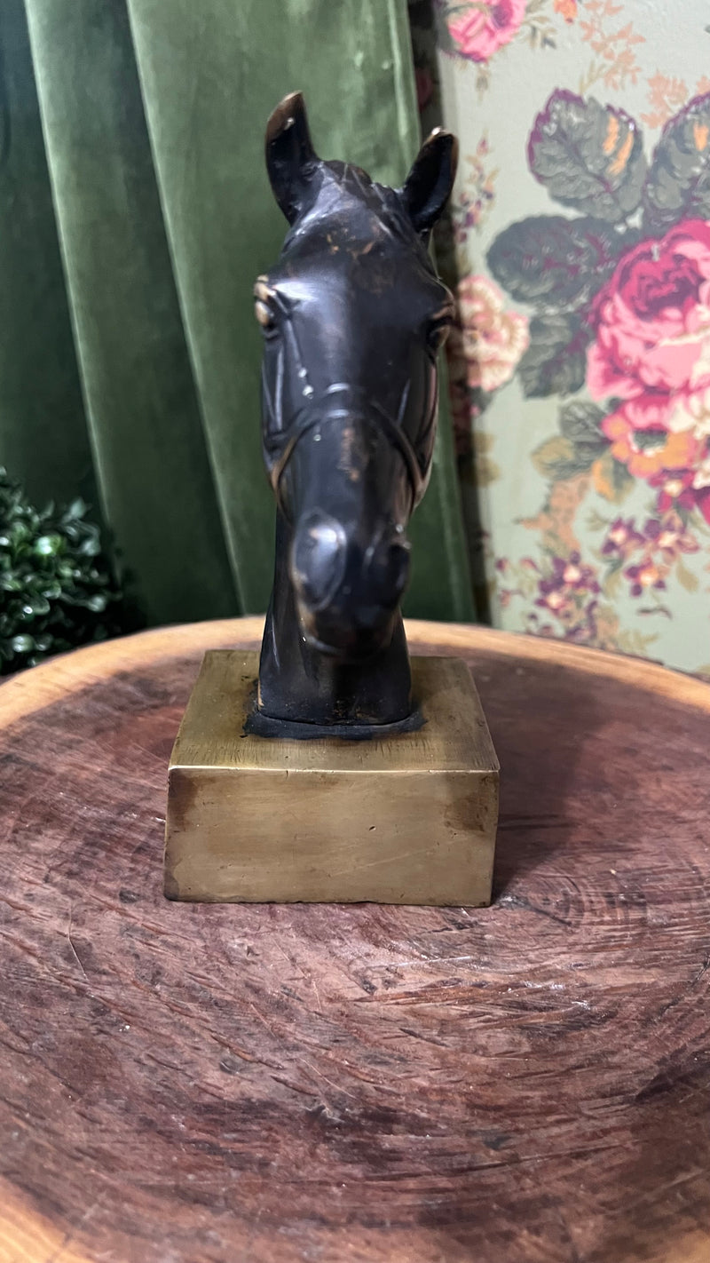 Solid brass black stallion bust on a stand