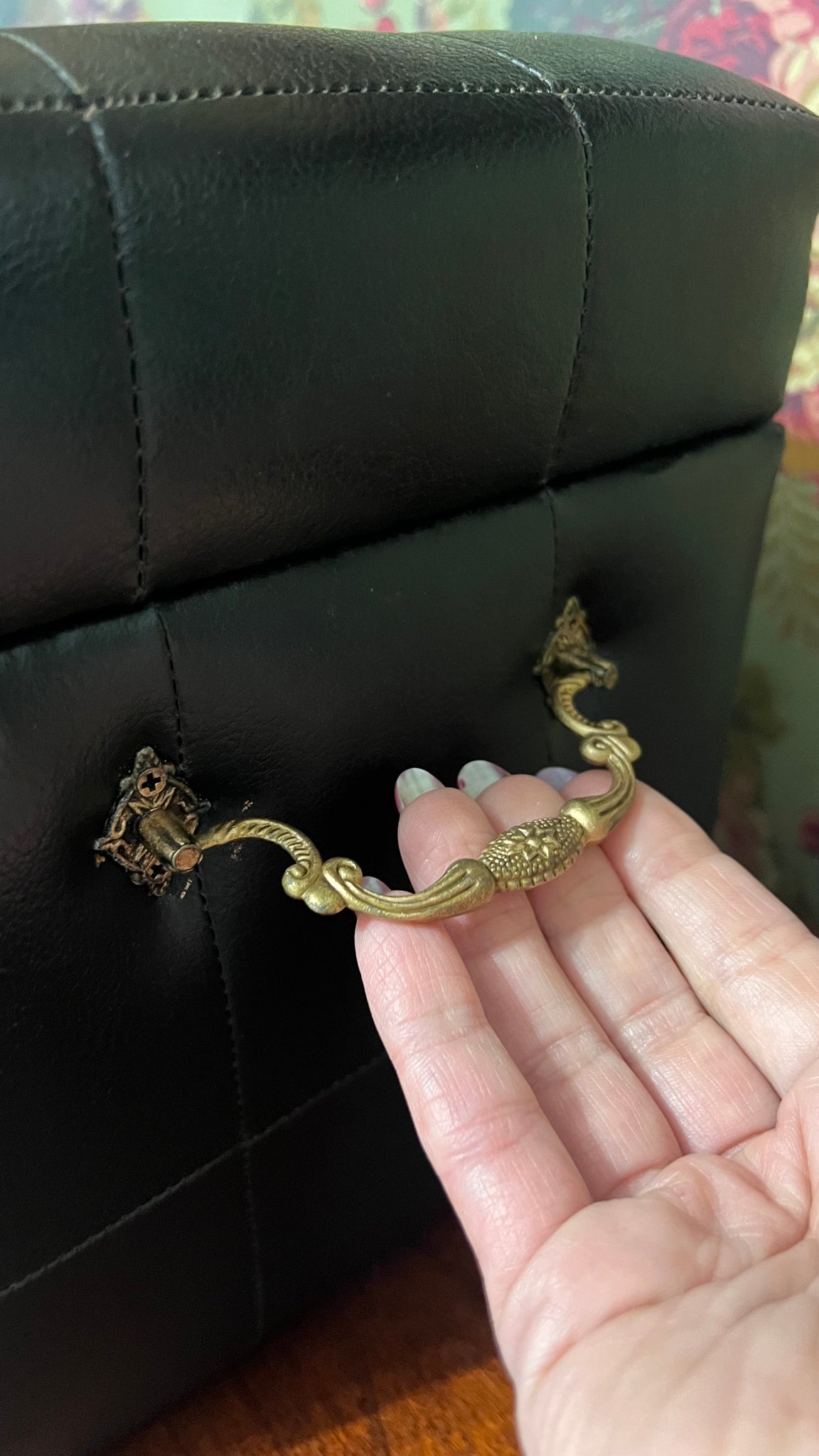 Vintage faux black leather tufted storage trunk