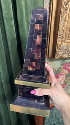 Maitland Smith tessellated horn with brass trim obelisks (pair)