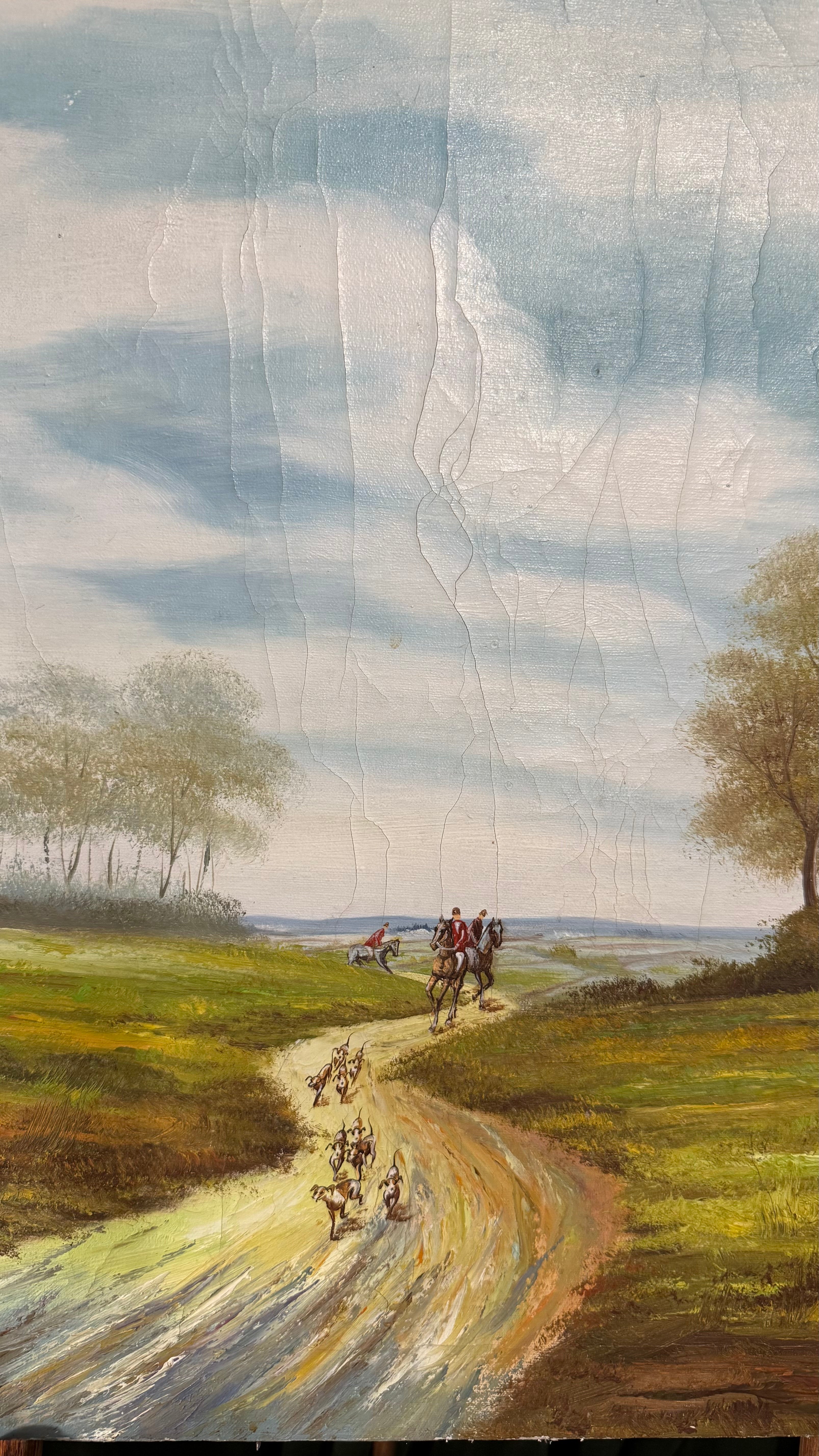 Vintage Original oil on canvas English fox hunting scene signed