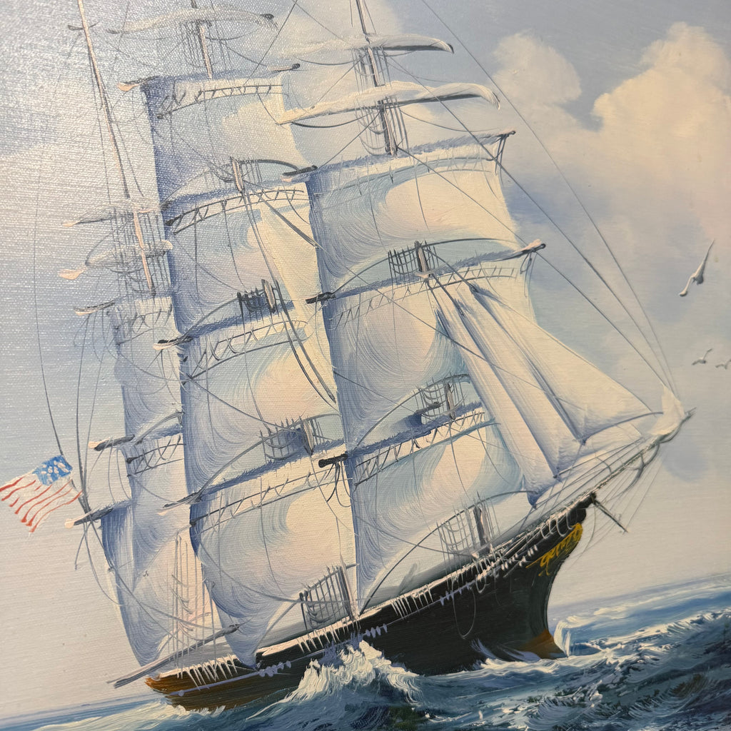 Vintage oil on canvas Clipper Ship painting signed by artist
