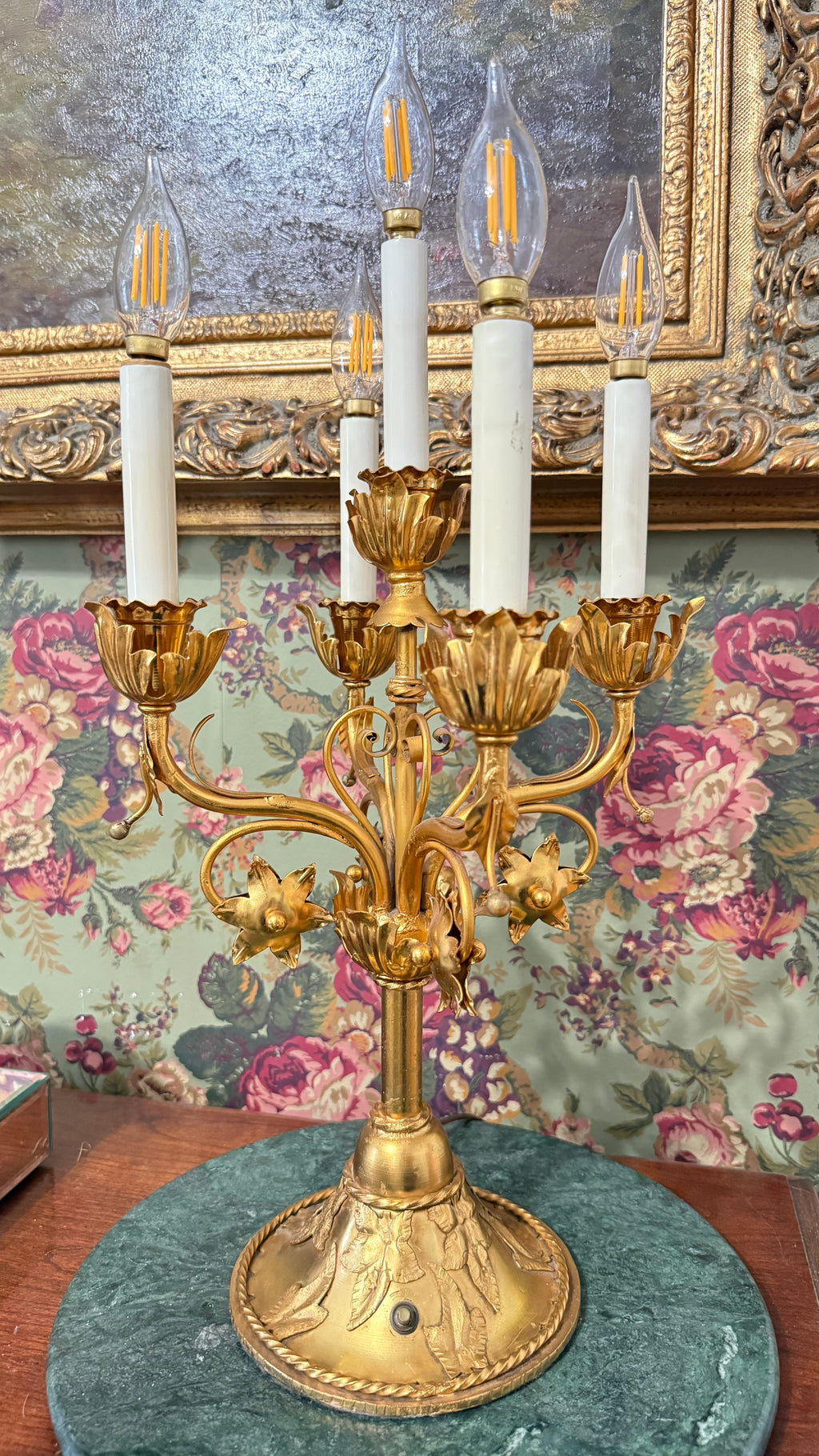 Vintage 5-Light Gilt Tole Floral Candelabra Lamp