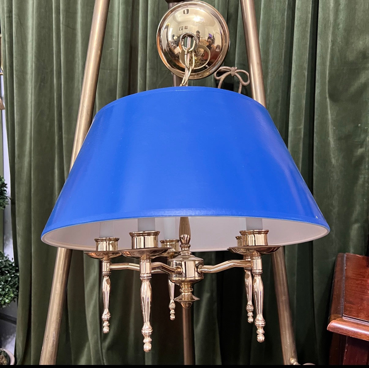 Vintage brass chandelier with blue shade
