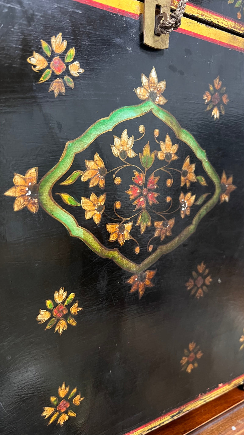 1950s Mughal Style Folk Art Lacquer Hand Painted Decorative Storage Trunk
