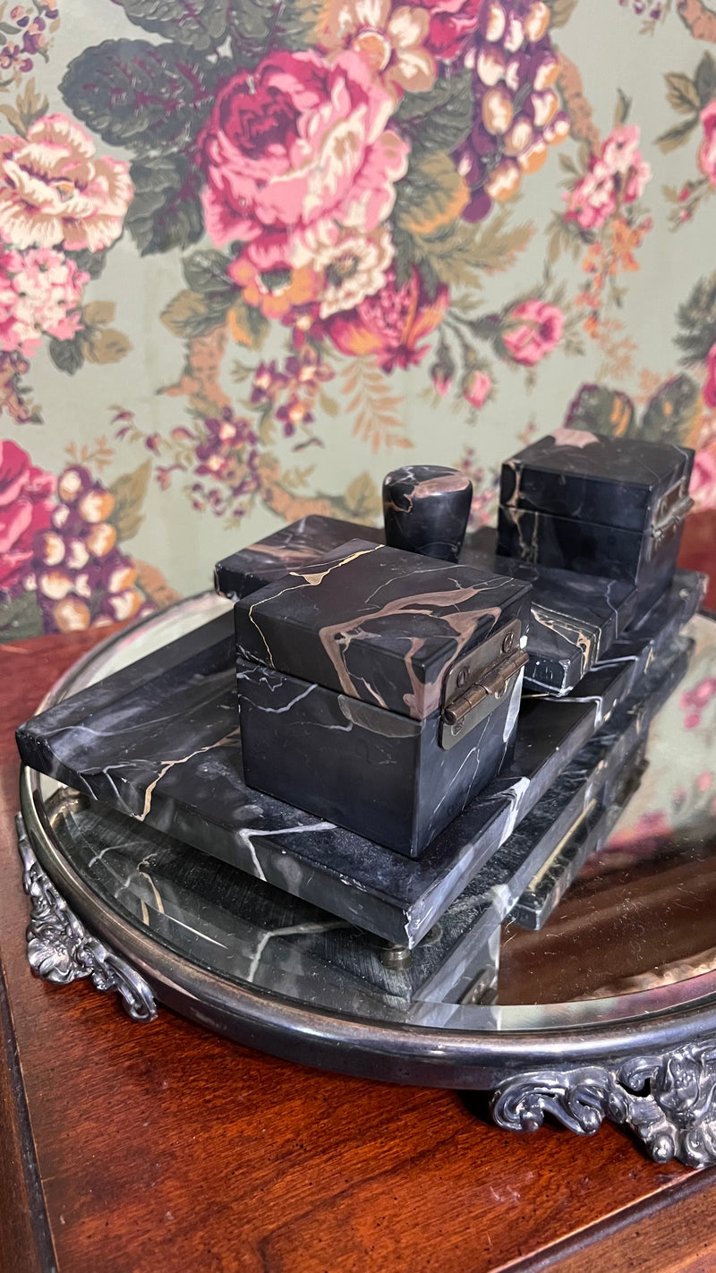 Nero Portoro Italian Black Marble Inkwell Set and Signature Pad