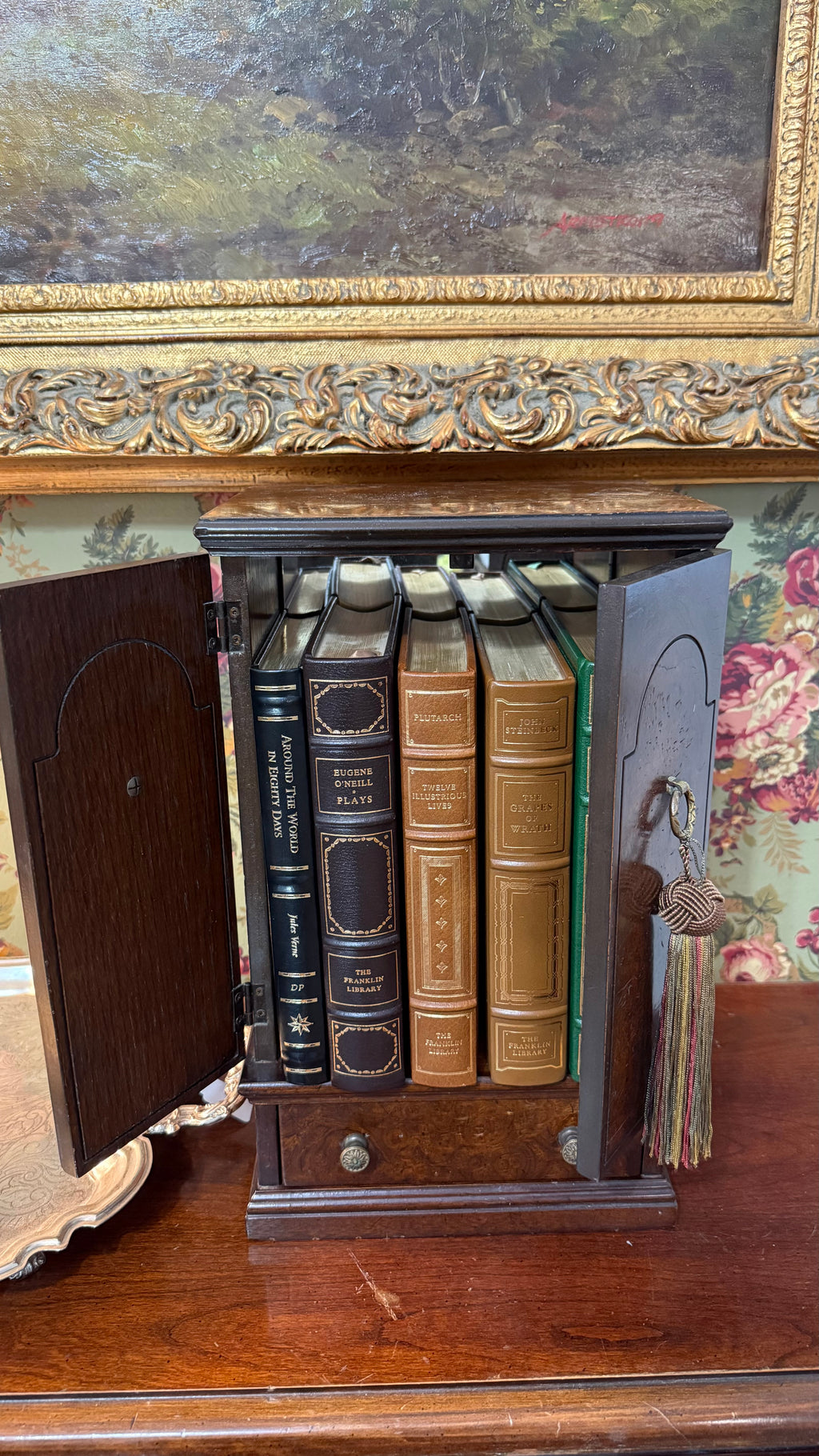 (Reserved) Miniature Burl Wood Armoire Cabinet with 5 leather-bound books