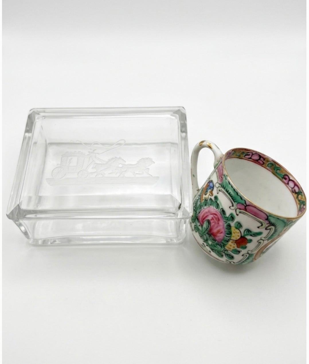 (Reserved) Bohemian glass box & Rose Famille cup