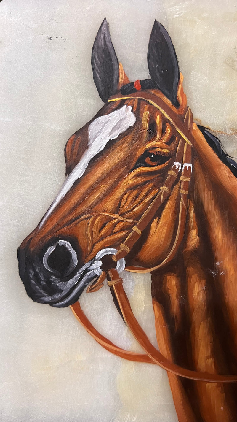 Original horse portrait painting on marble plaque - signed 8x9