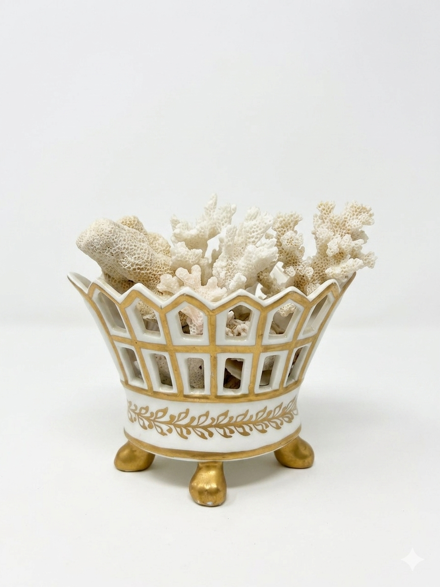 (Reserved) Mini Spanish Hand painted porcelain basket with corals