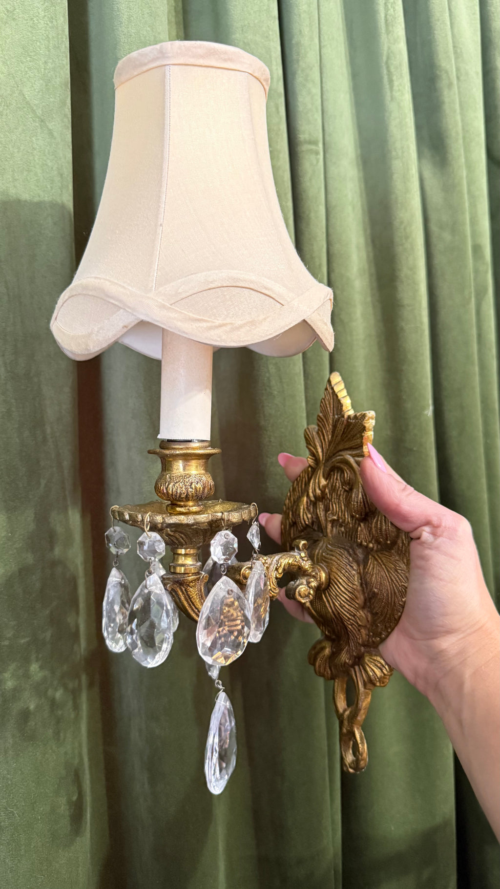 European Rococo Revival brass sconce with crystal drops