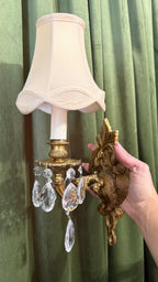 European Rococo Revival brass sconce with crystal drops