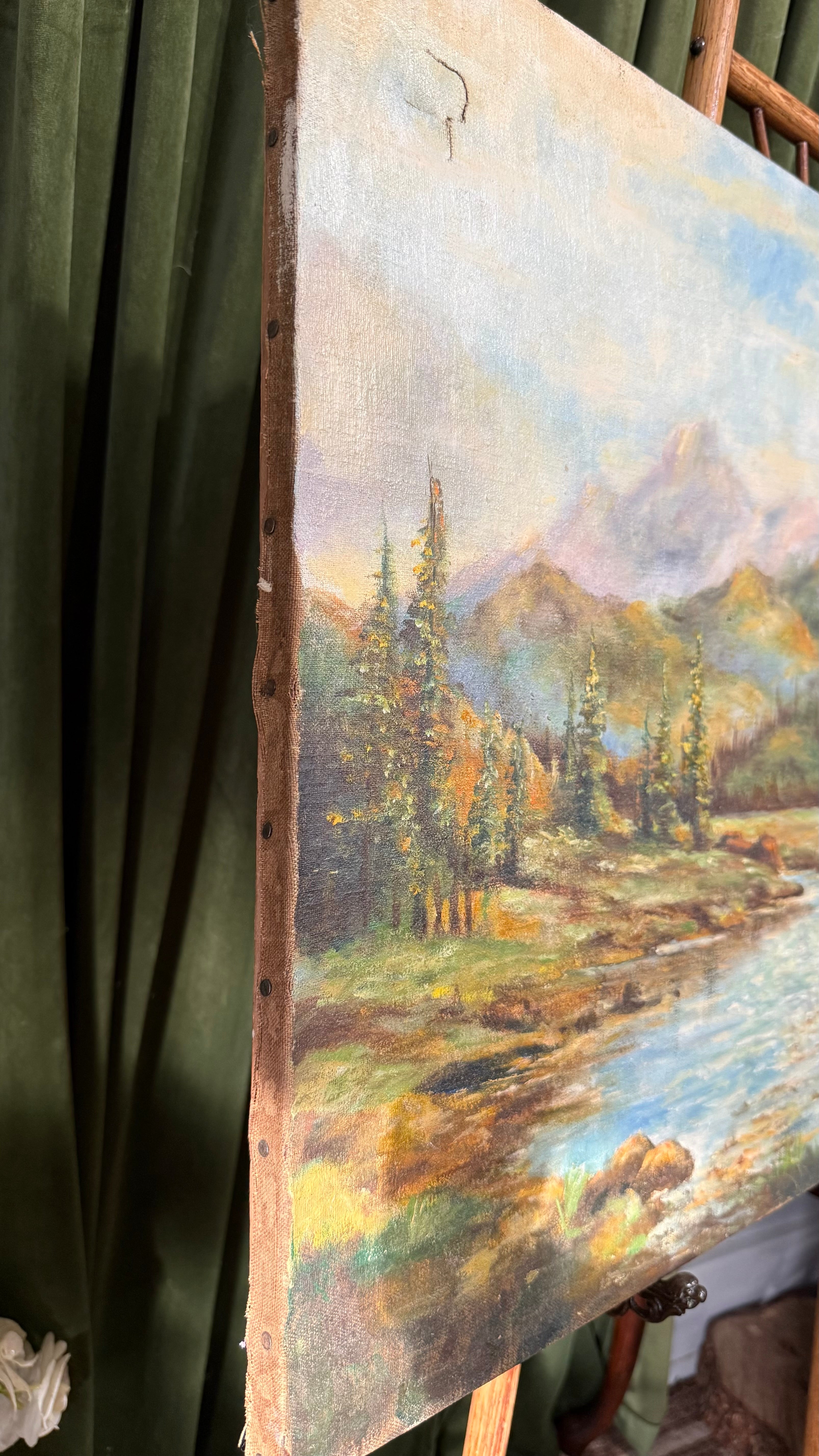 Mountain River Passage landscape Antique oil painting