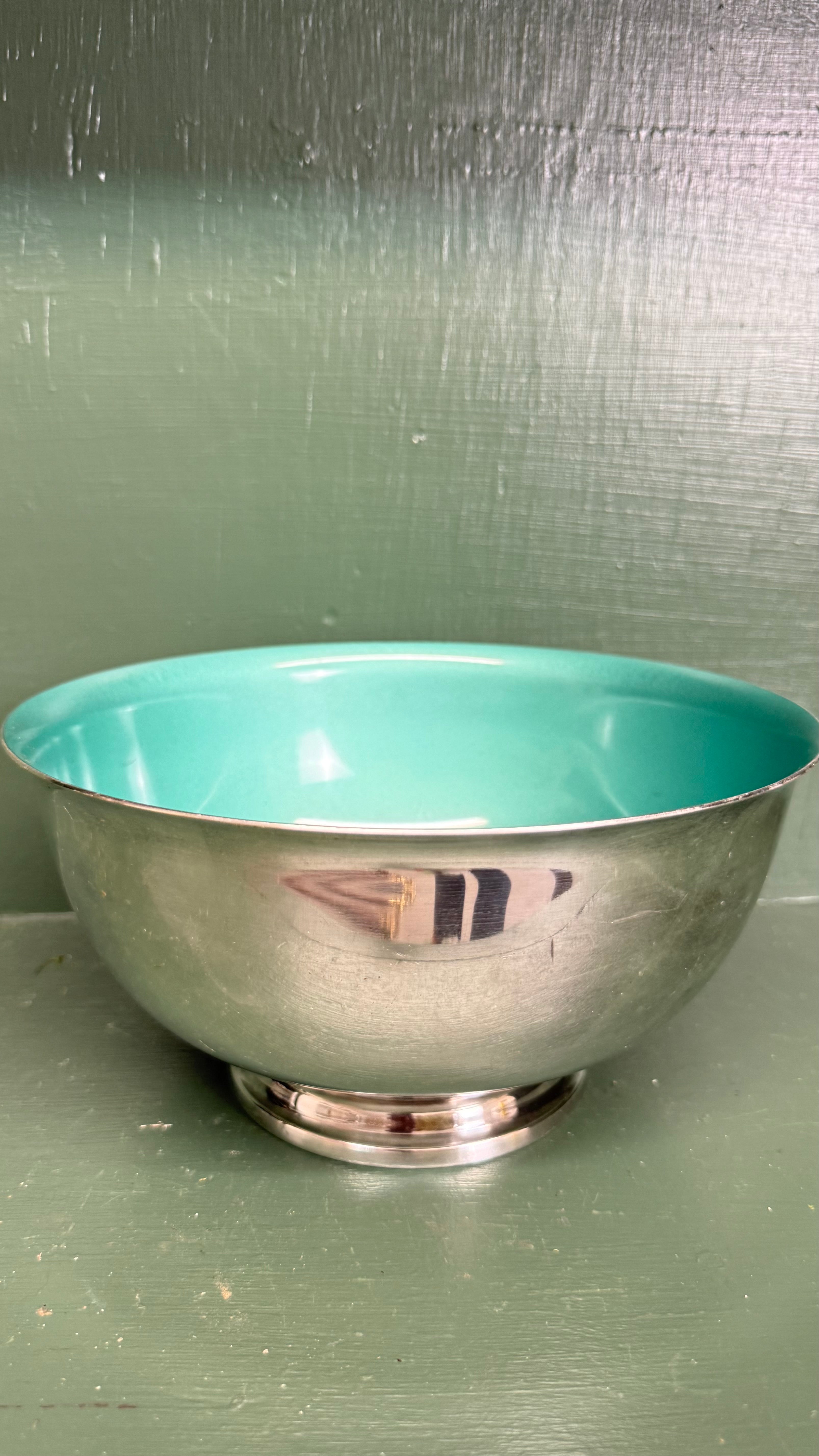 (Reserved) Silver revere style bowl with teal enamel interior