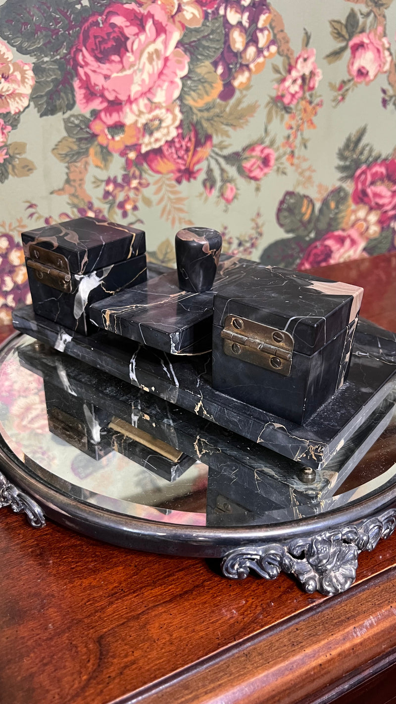 Nero Portoro Italian Black Marble Inkwell Set and Signature Pad