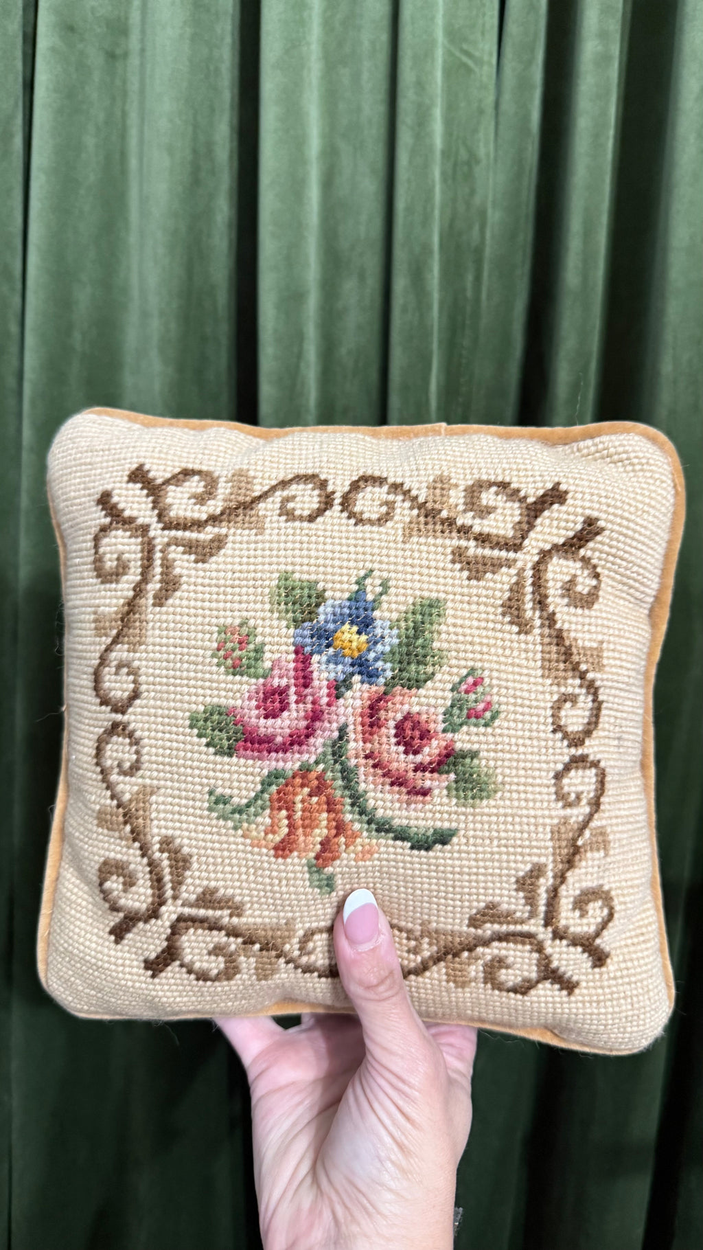 Vintage handmade needlepoint small pillow