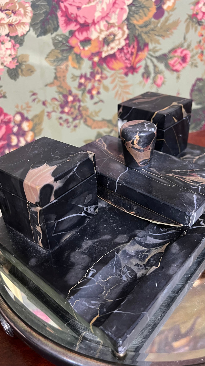 Nero Portoro Italian Black Marble Inkwell Set and Signature Pad