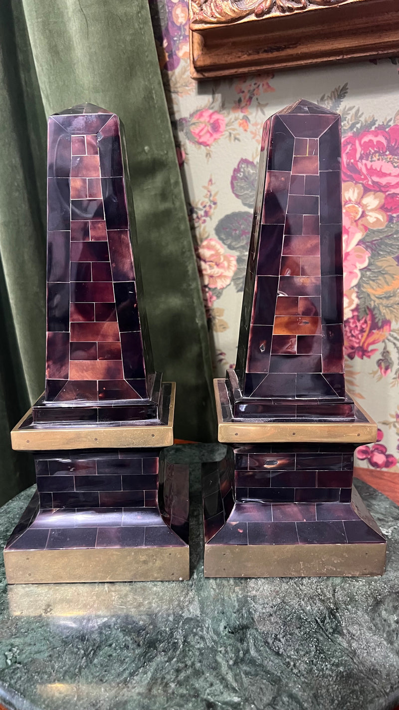 Maitland Smith tessellated horn with brass trim obelisks (pair)