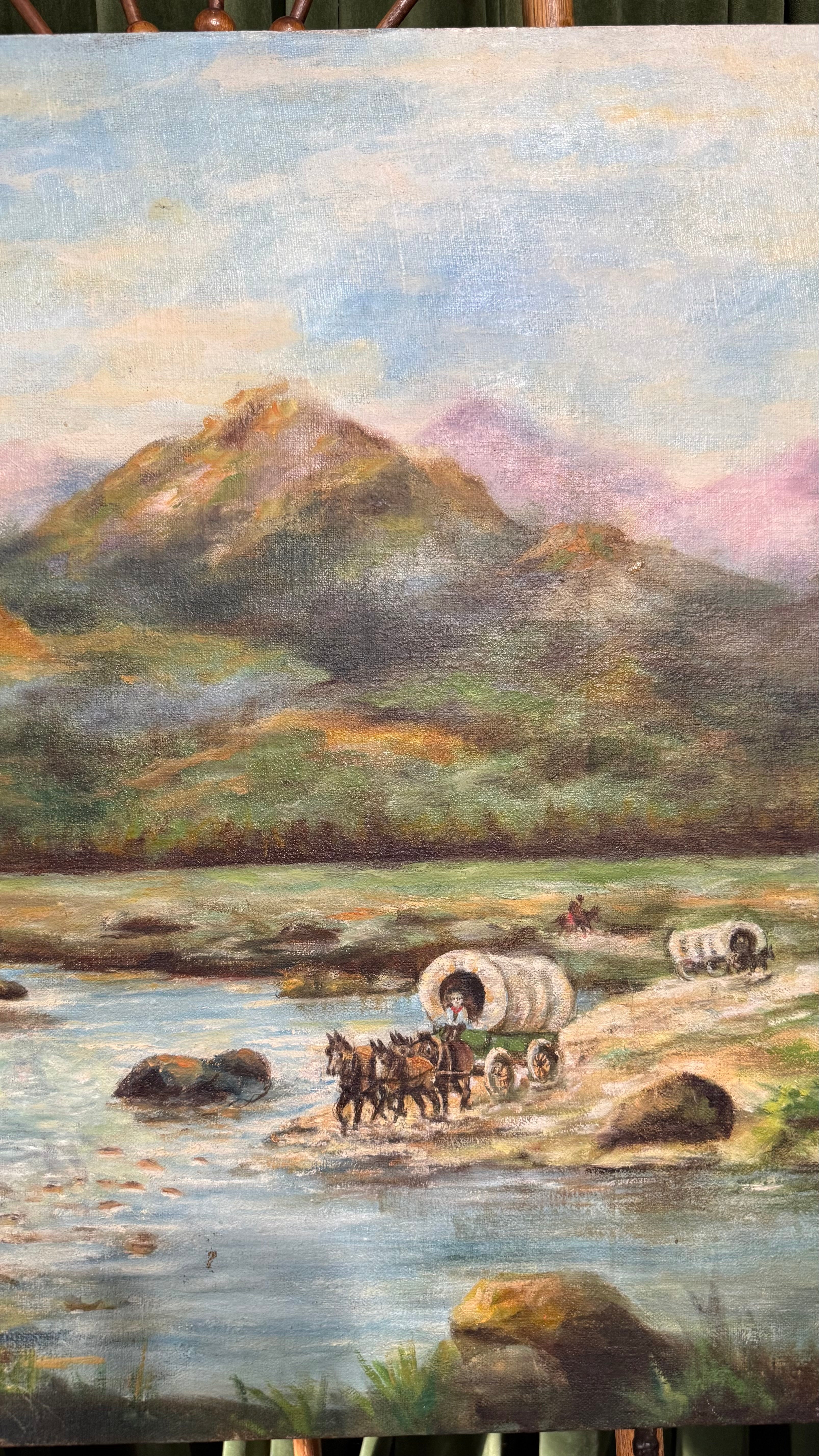 Mountain River Passage landscape Antique oil painting