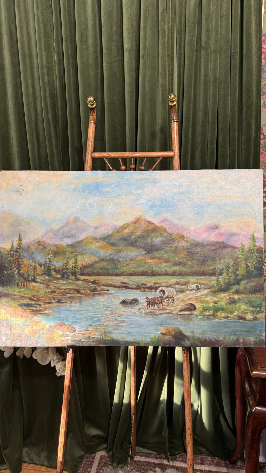 Mountain River Passage landscape Antique oil painting