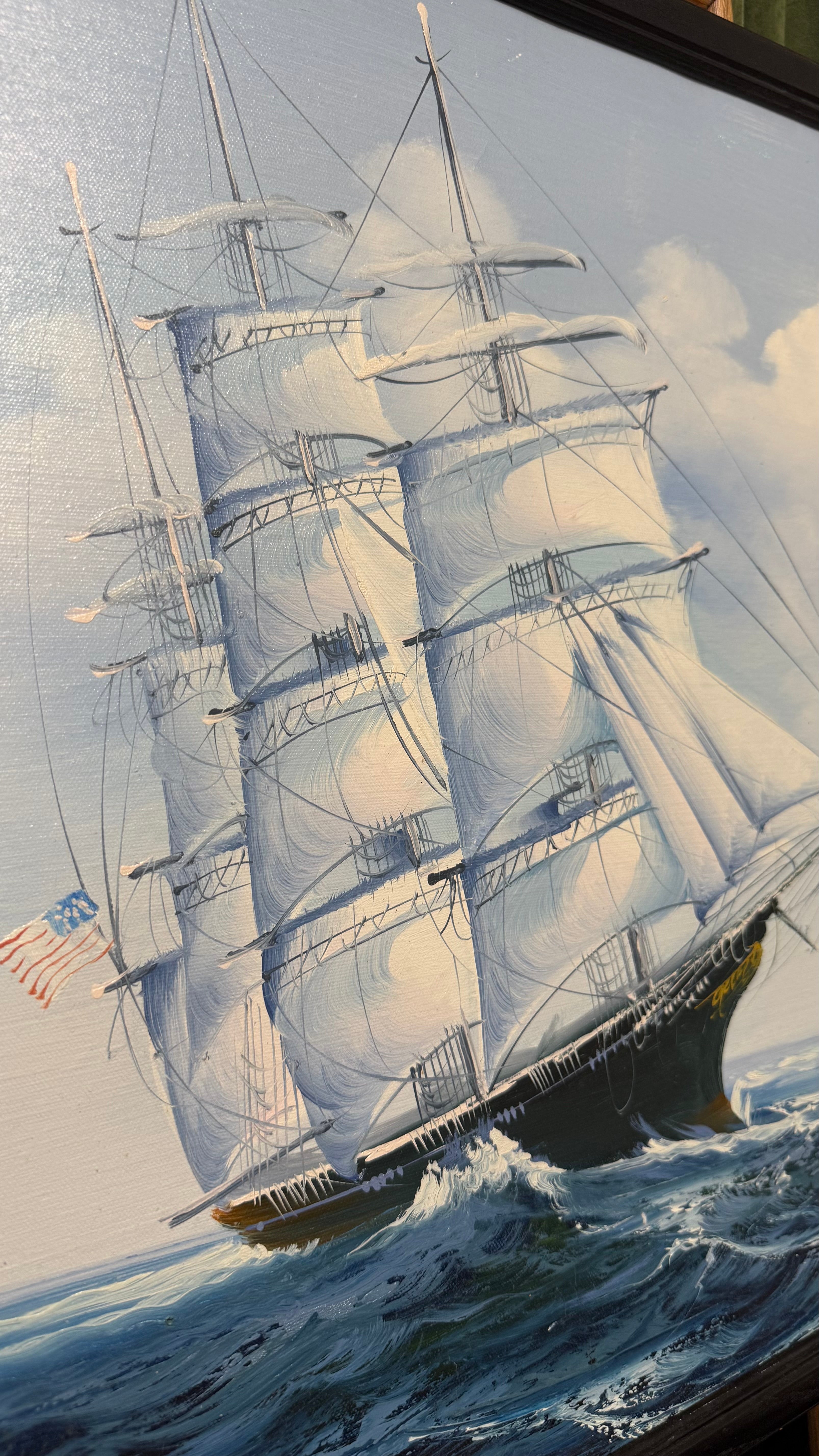 Vintage oil on canvas Clipper Ship painting signed by artist