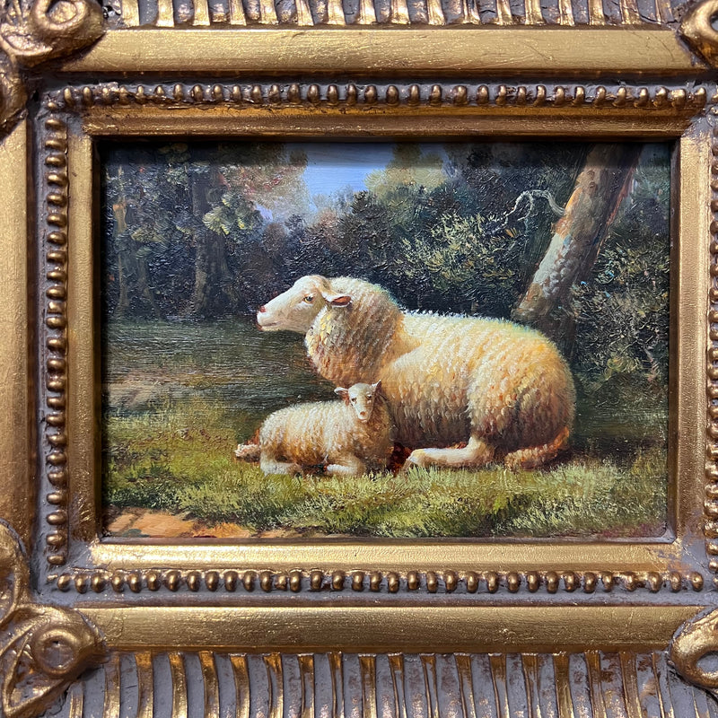 Oil on board sheep painting in a gilded wooden frame 14x12
