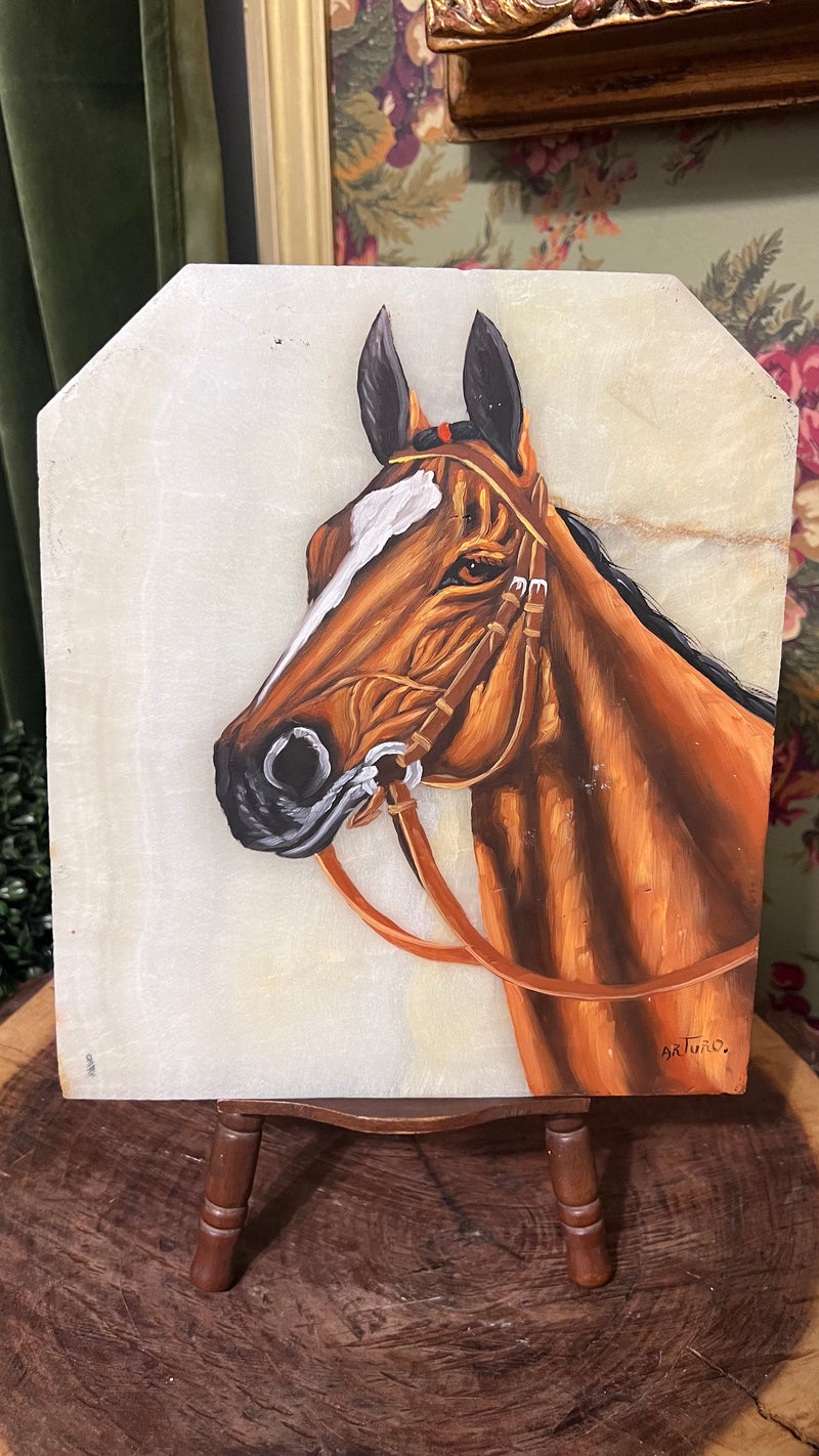 Original horse portrait painting on marble plaque - signed 8x9
