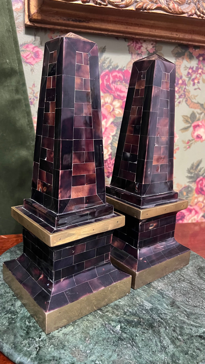 Maitland Smith tessellated horn with brass trim obelisks (pair)
