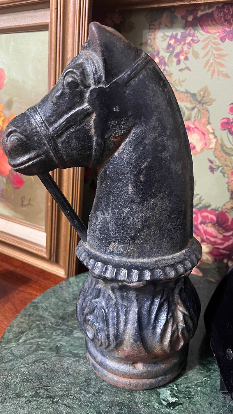 (Reserved) Antique cast iron horse head hitching post & Ceramic box figure made in England