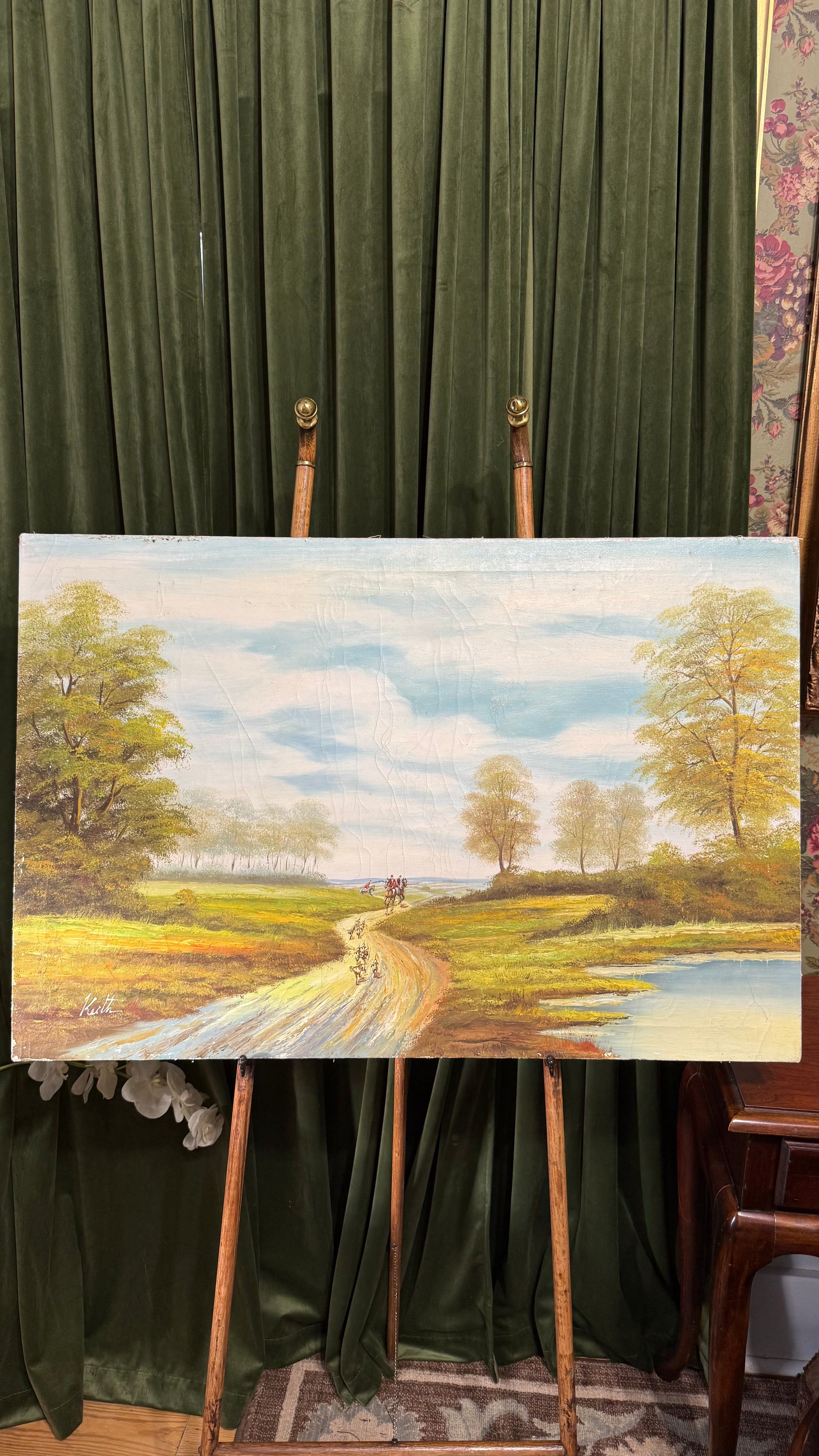 Vintage Original oil on canvas English fox hunting scene signed