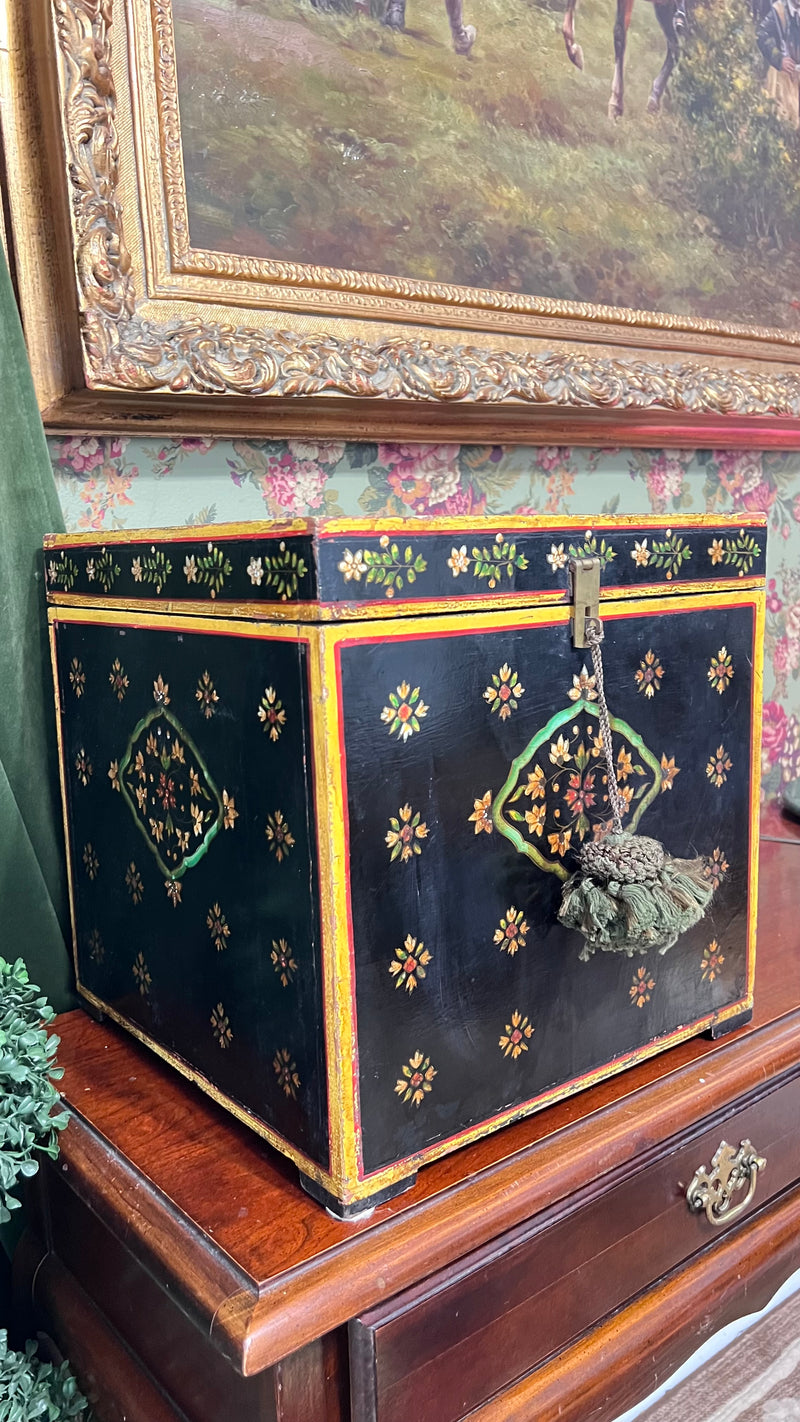 1950s Mughal Style Folk Art Lacquer Hand Painted Decorative Storage Trunk