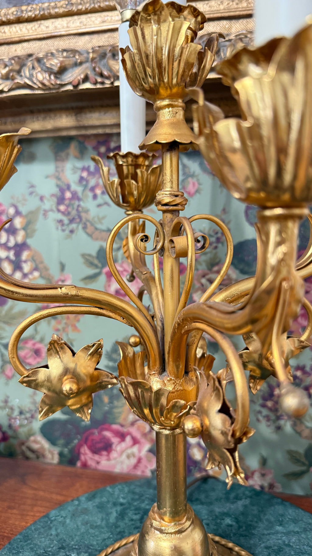 Vintage 5-Light Gilt Tole Floral Candelabra Lamp