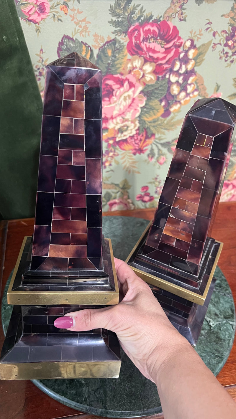 Maitland Smith tessellated horn with brass trim obelisks (pair)