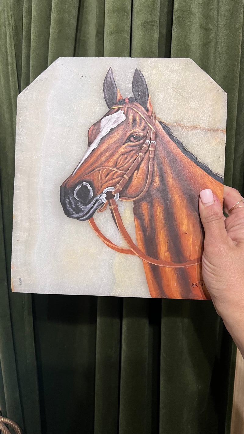 Original horse portrait painting on marble plaque - signed 8x9