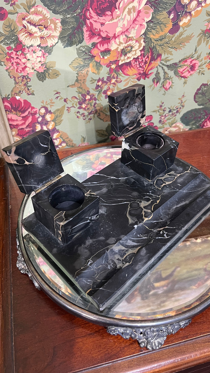 Nero Portoro Italian Black Marble Inkwell Set and Signature Pad
