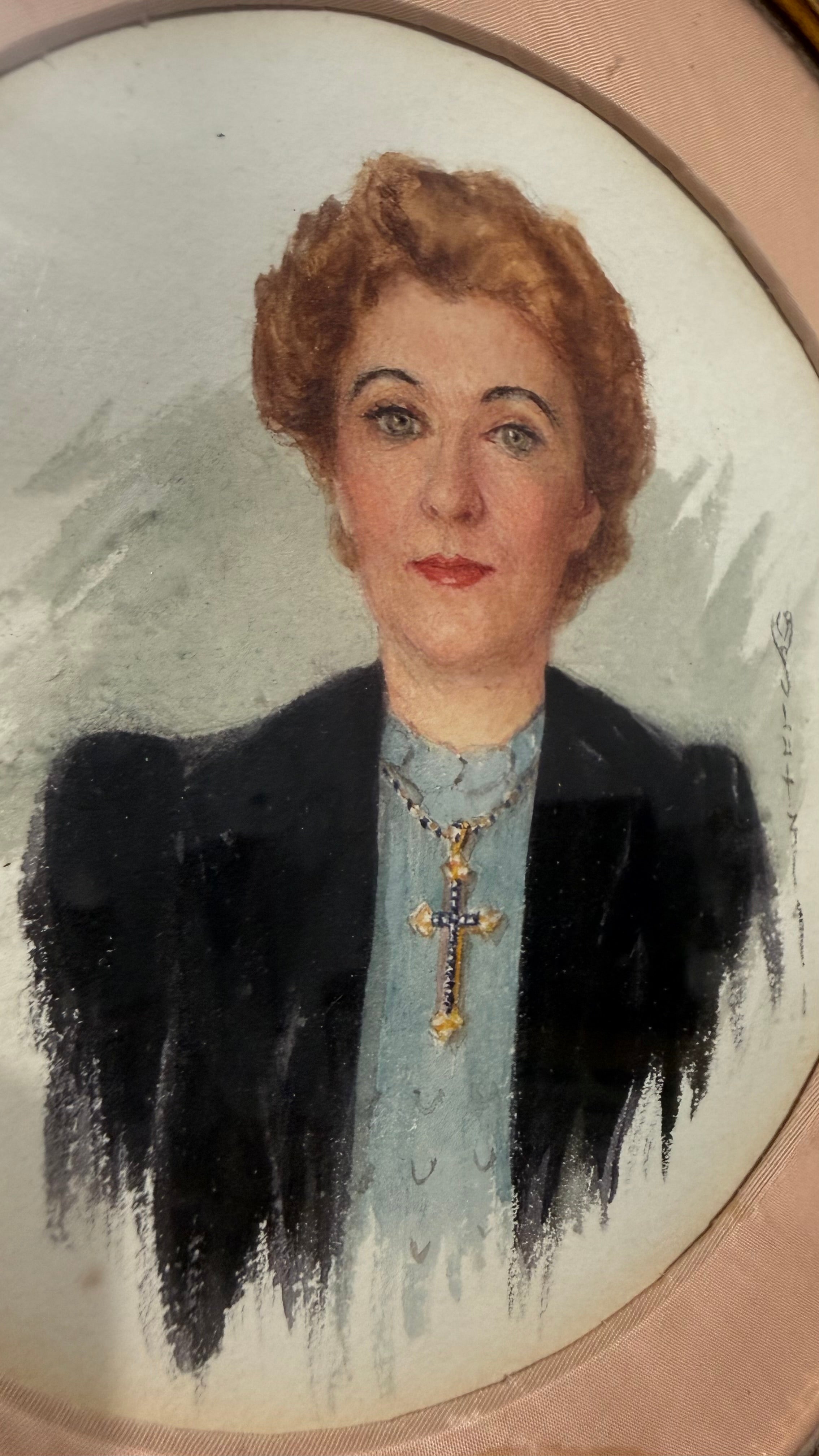 Exquisite Vintage Hand Painted Portrait in Ornate Gilt Frame - signed