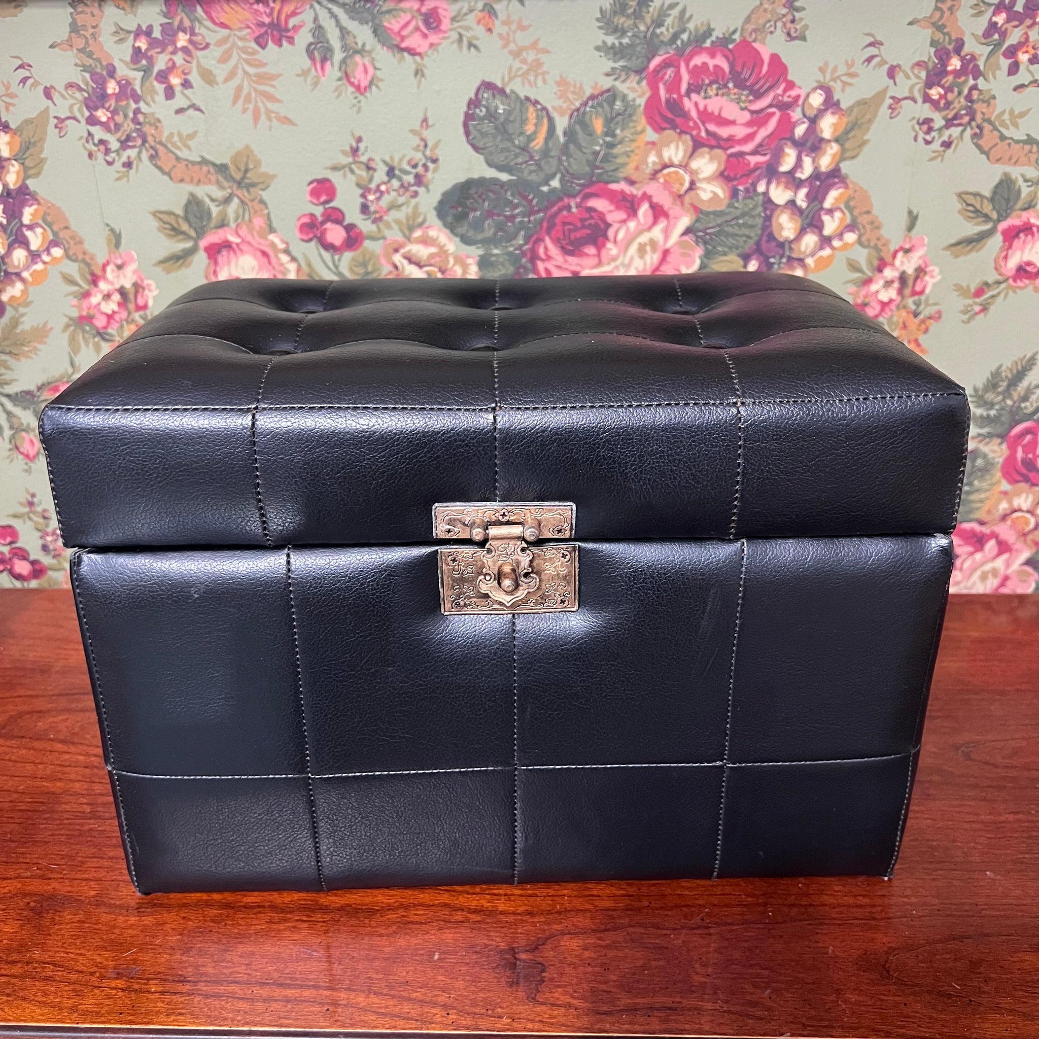 Vintage faux black leather tufted storage trunk