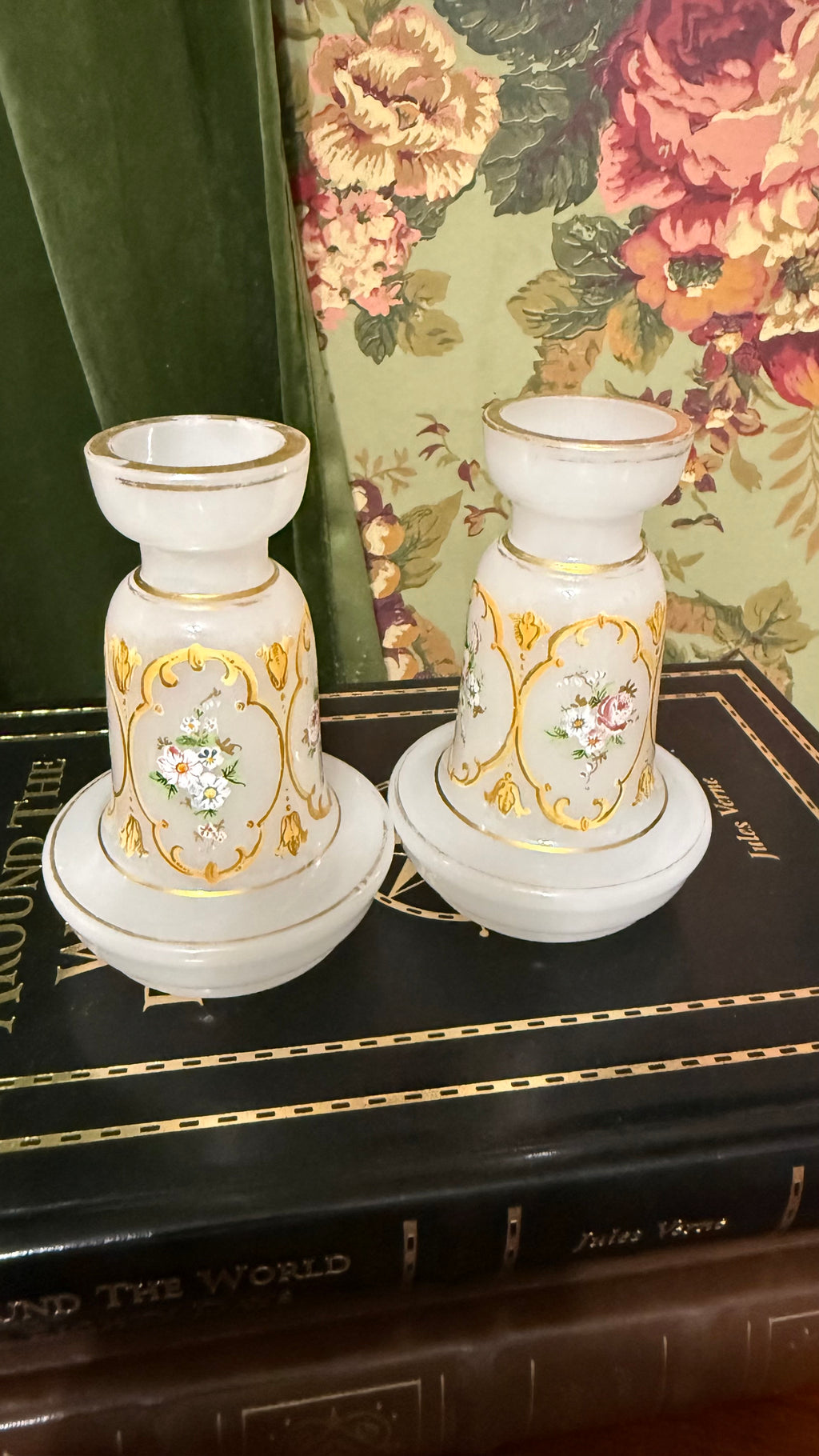 Pair of Bohemian Czech Hand Painted Opaline Bud Vases