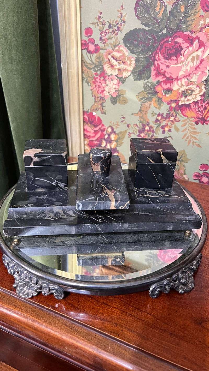 Nero Portoro Italian Black Marble Inkwell Set and Signature Pad