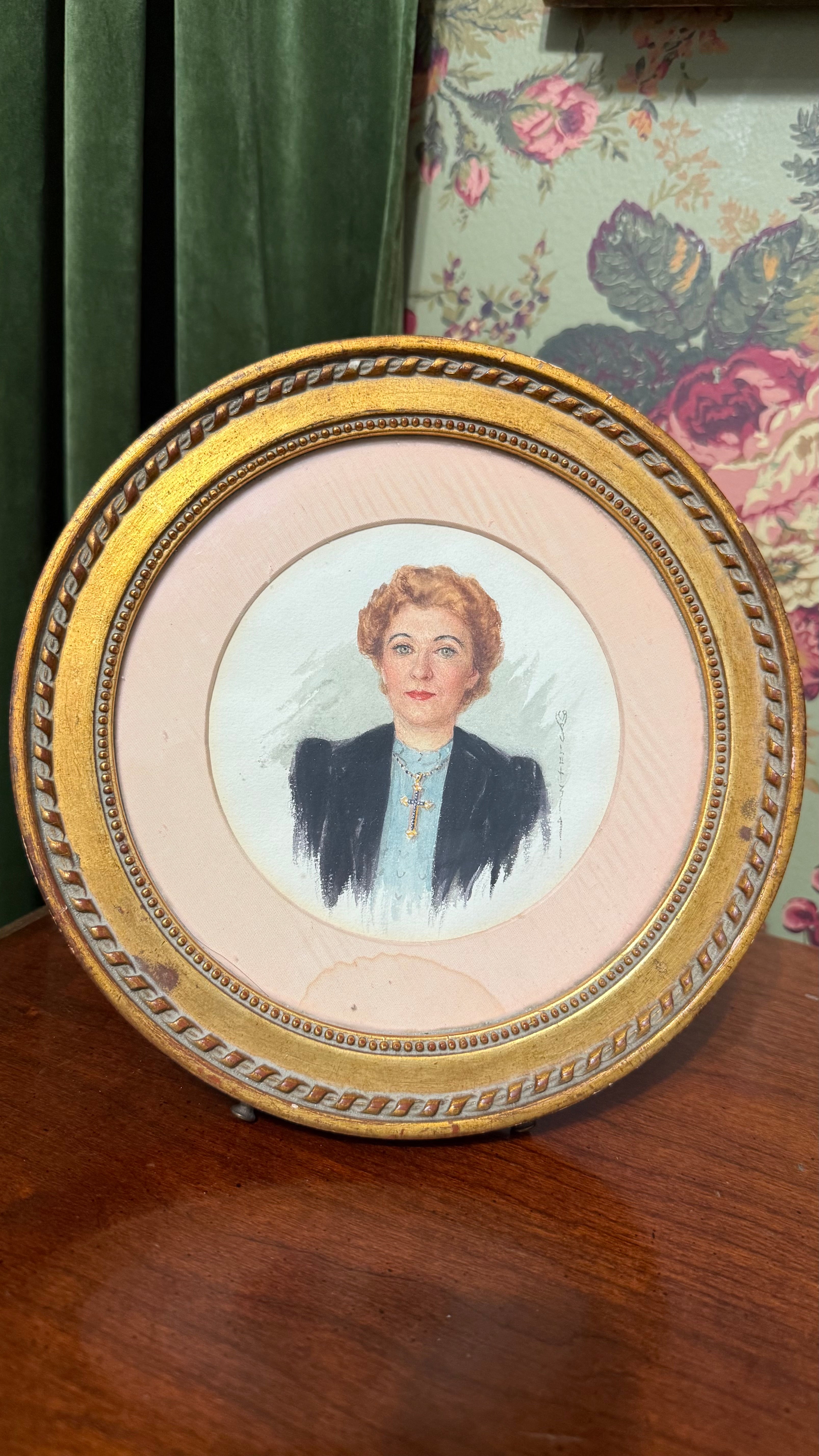 Exquisite Vintage Hand Painted Portrait in Ornate Gilt Frame - signed