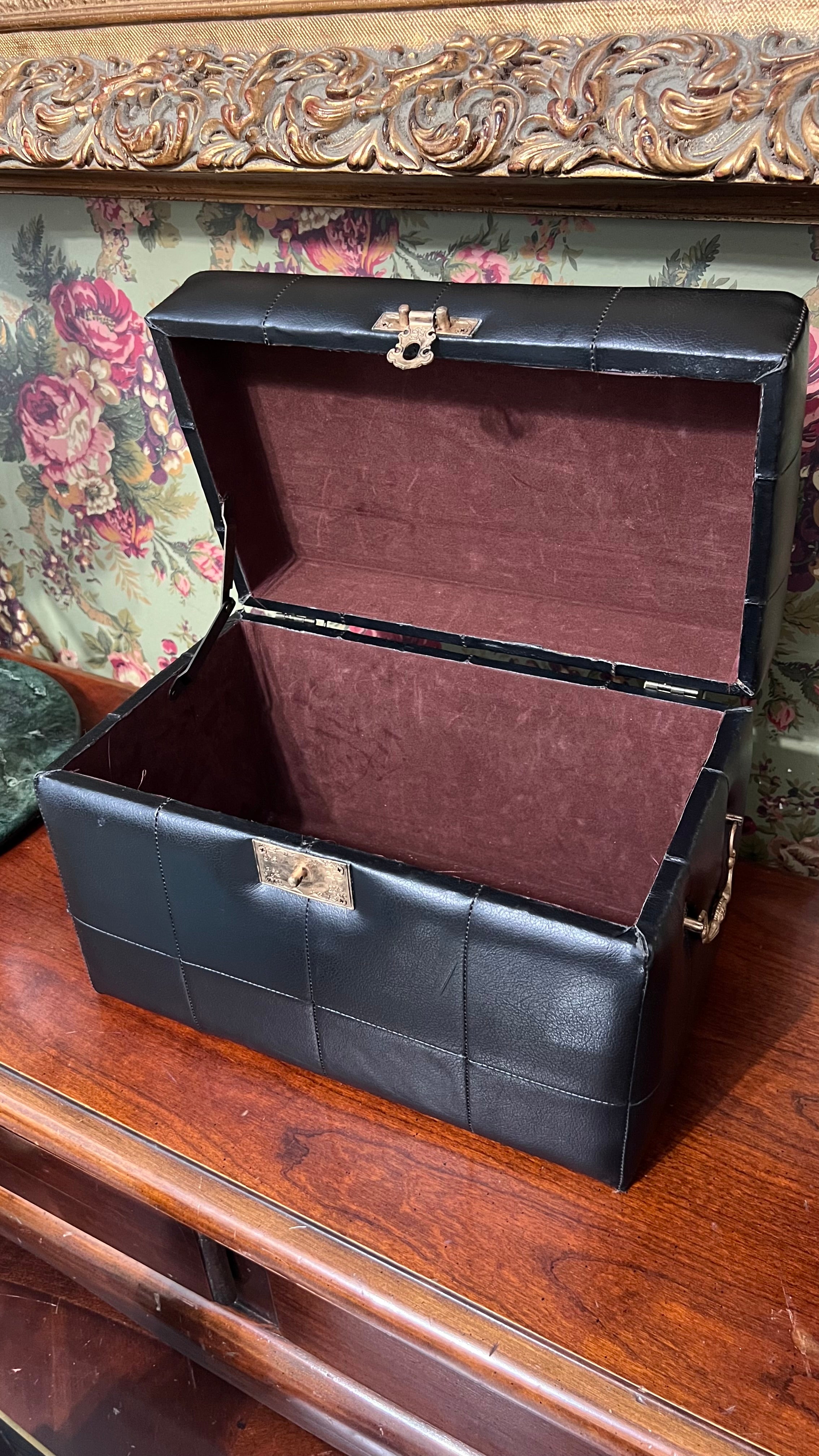 Vintage faux black leather tufted storage trunk