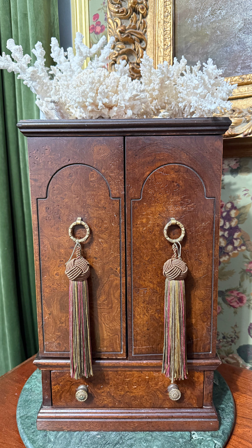 (Reserved) Miniature Burl Wood Armoire Cabinet with 5 leather-bound books