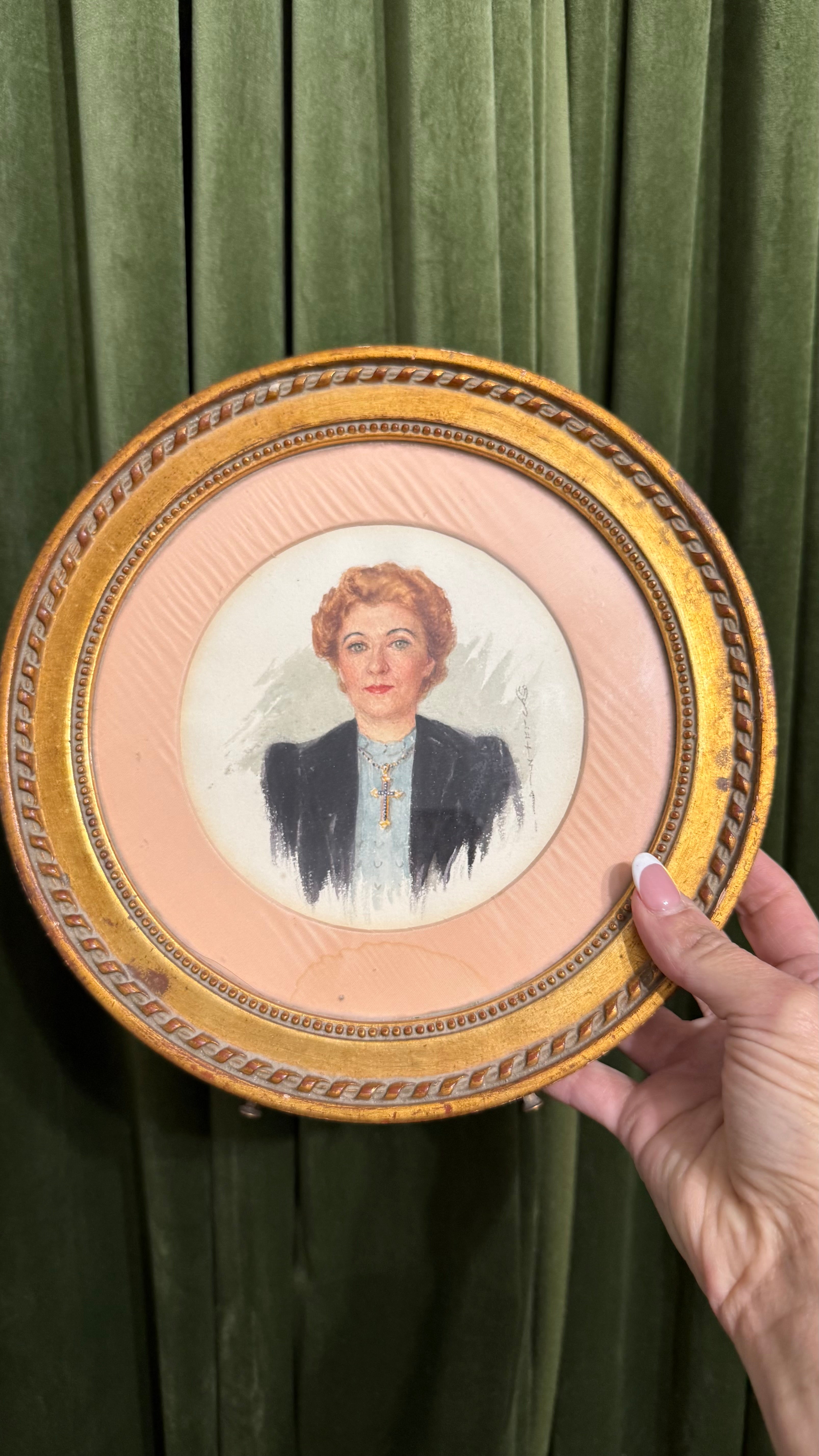 Exquisite Vintage Hand Painted Portrait in Ornate Gilt Frame - signed