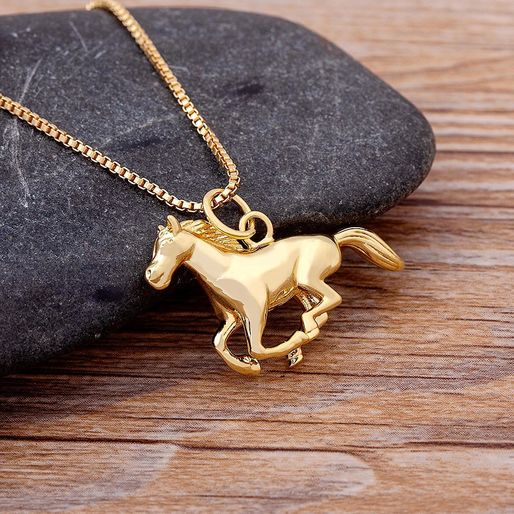 Gold Plated Running Horse Pendant Necklace