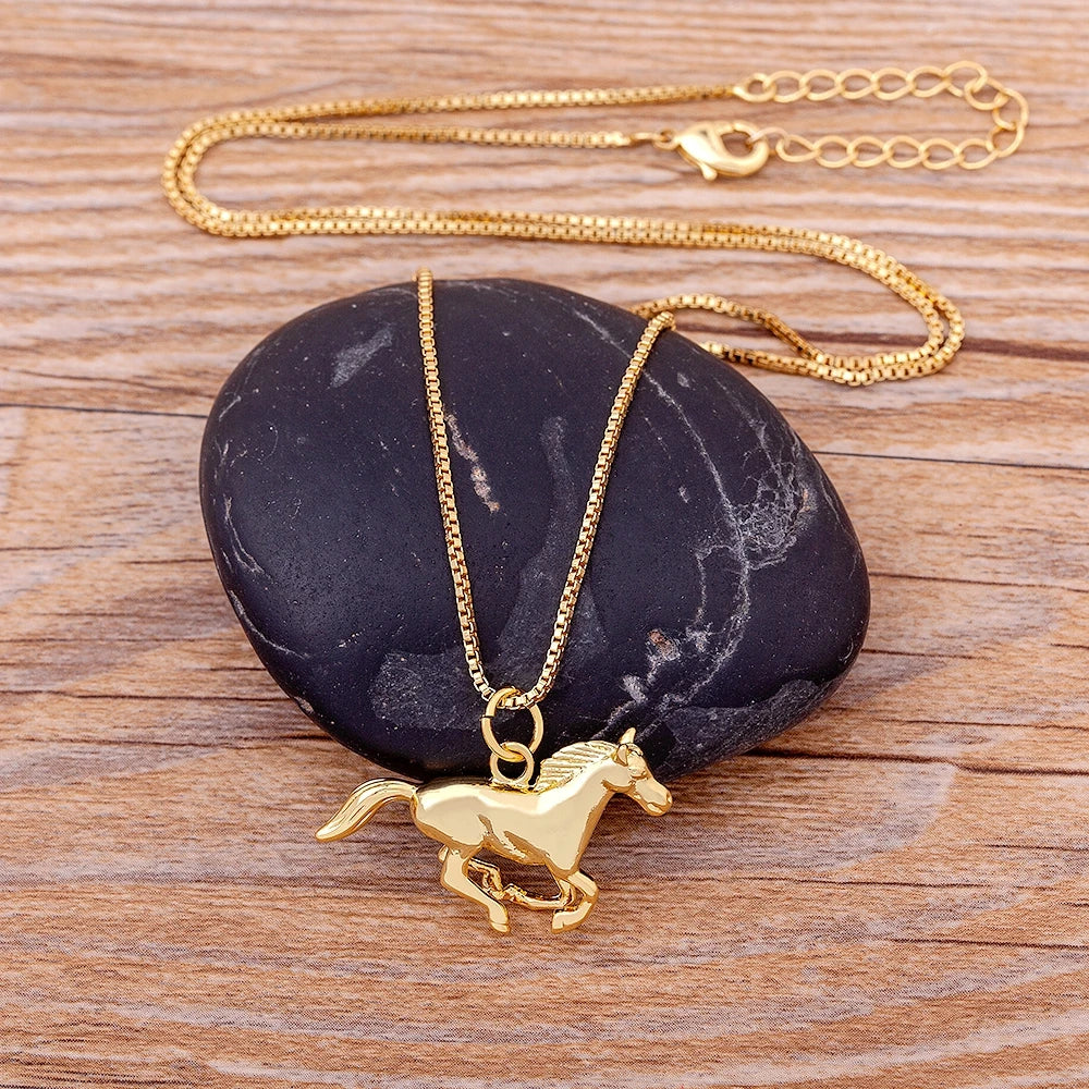 Gold Plated Running Horse Pendant Necklace