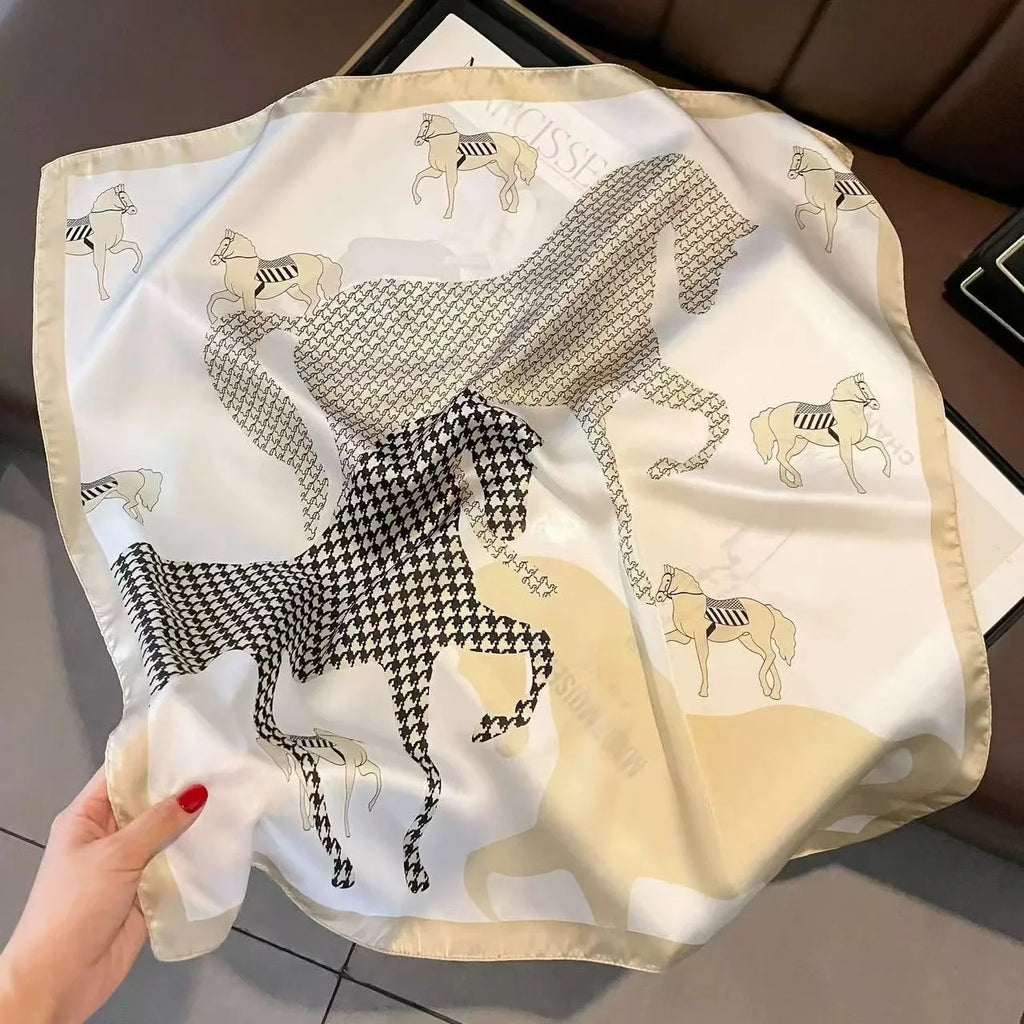 Printed Square Scarf Silky Satin Horse Pattern